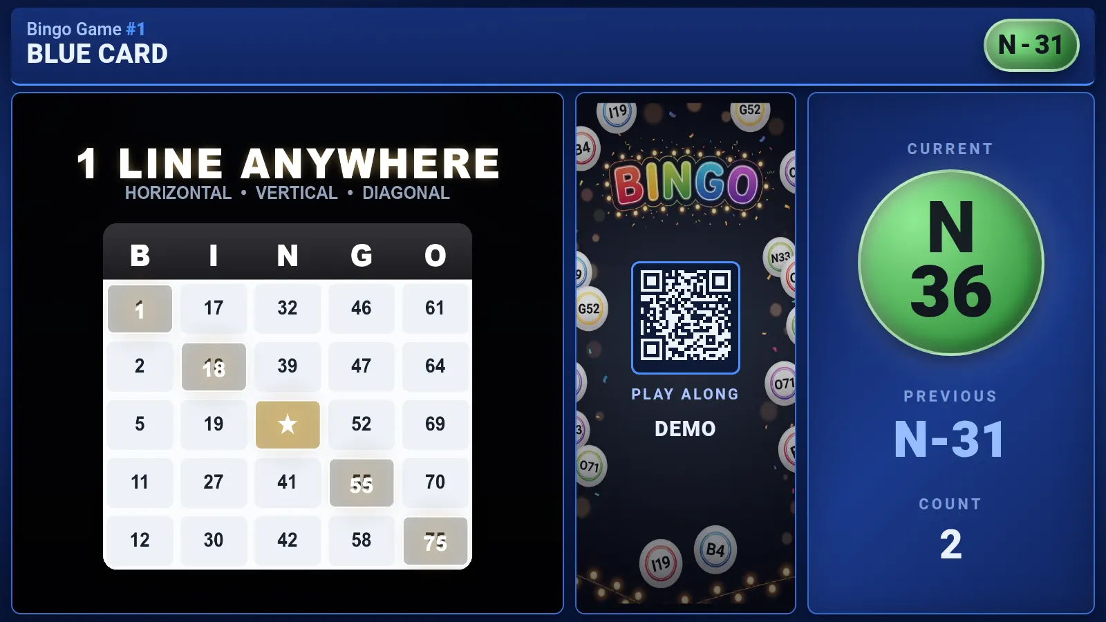 The bingo big screen on a bar TV mid-game: the pattern to play, the called balls, the join code with a QR, and the current call, N 36.