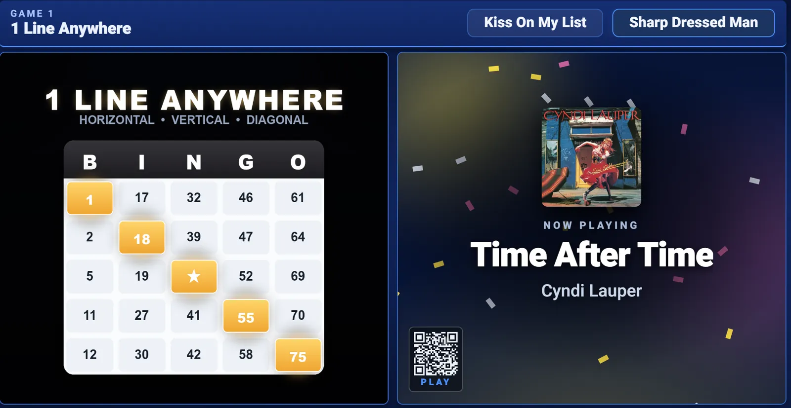 The HitList big screen: the board with songs marked, Time After Time by Cyndi Lauper now playing with its album art, and the QR code to play.