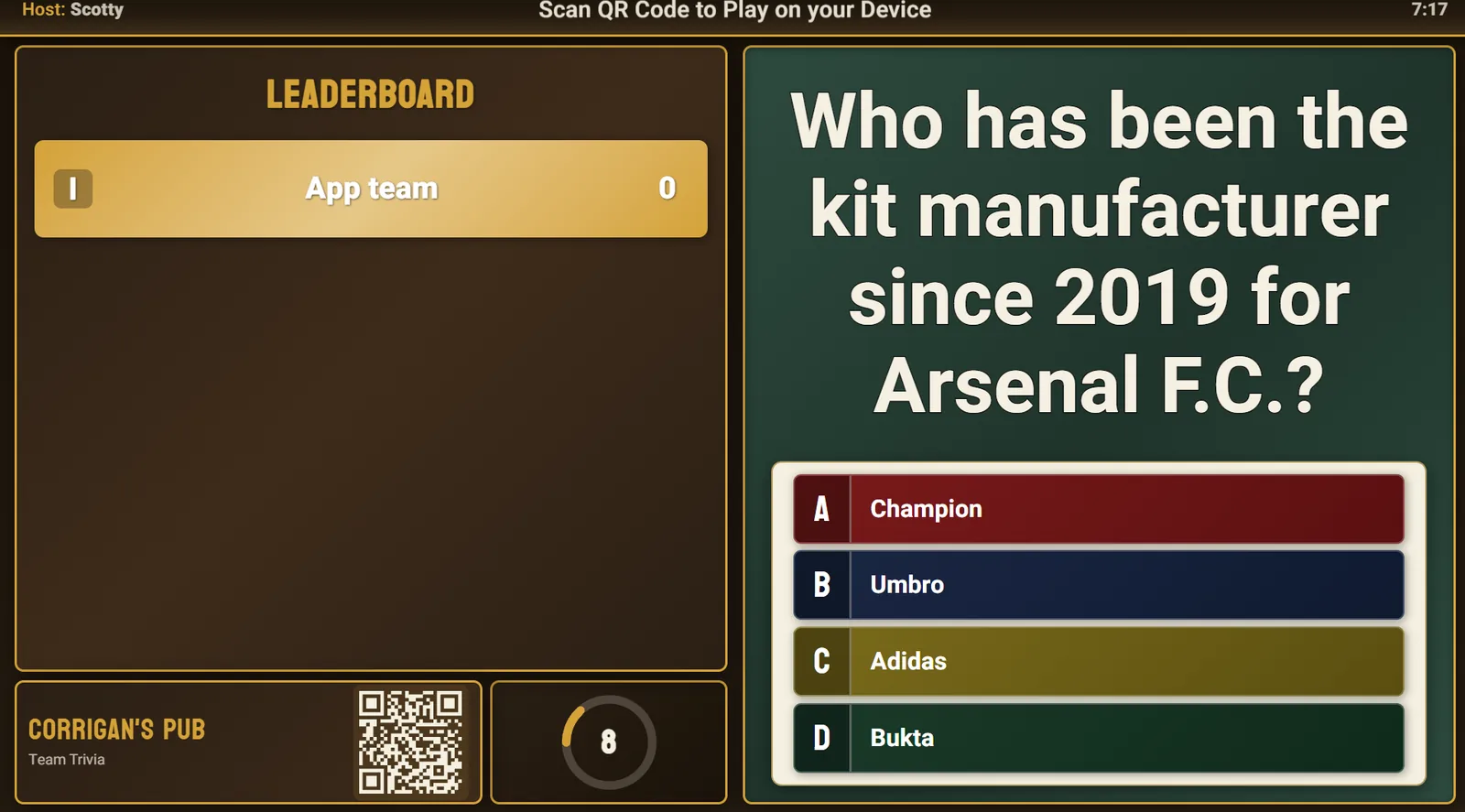 The trivia big screen: a multiple-choice question, four coloured answers, the team leaderboard and a countdown.